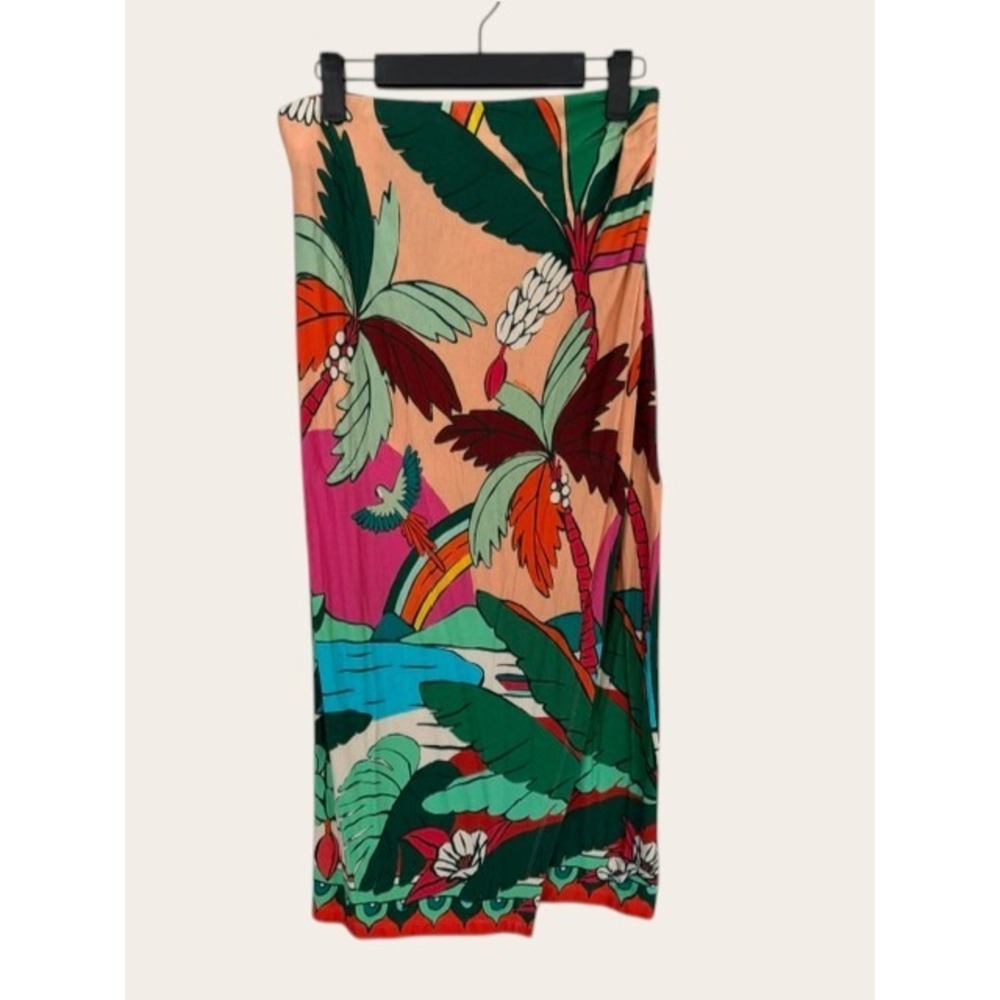 Farm Rio Tropical Palm Tree Rainbow Print Wrap Maxi Skirt Multi Color Womens S